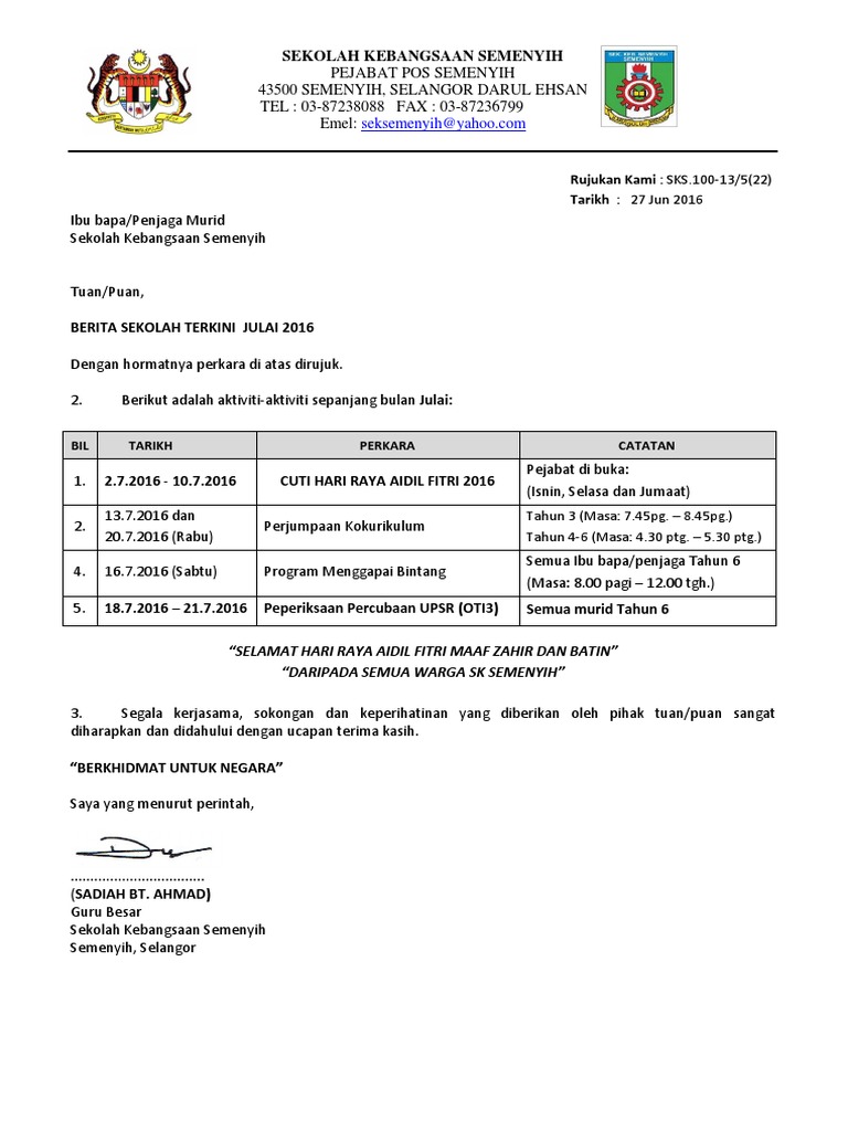 Sekolah Kebangsaan Semenyih Bil Tarikh Perkara Catatan