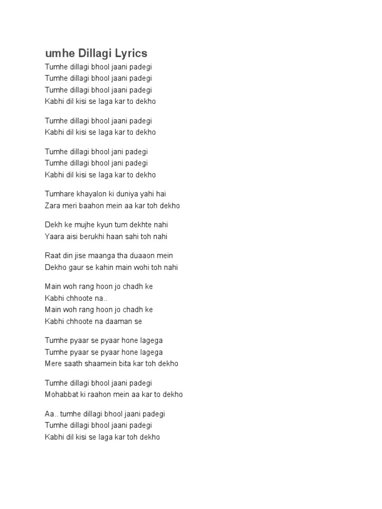 Umhe Dillagi Lyrics Pdf