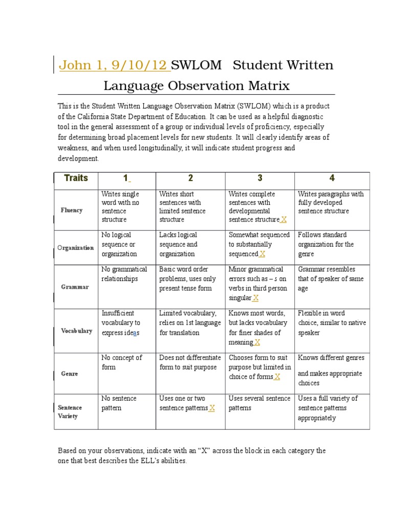 John 1 tsl537 v10r Studentwrittenlanguageobservationmatrix Student 1 ...