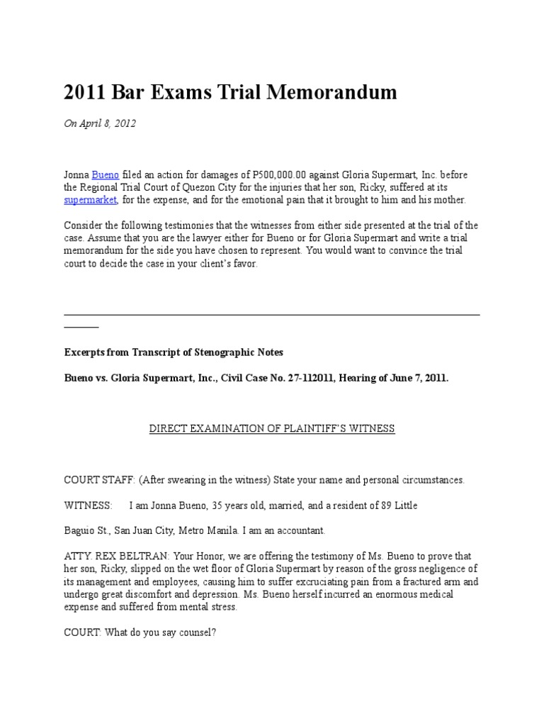 2011 Bar Exam: Bueno vs. Gloria Supermart | PDF | Negotiable Instrument ...