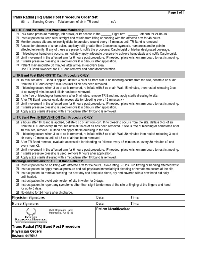 TR Band Post Procedure Physician Order Set 042512 | Diseases And ...