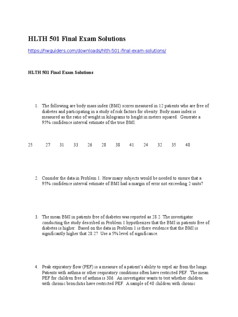HLTH 501 Final Exam Solutions | PDF | Body Mass Index | Statistical ...