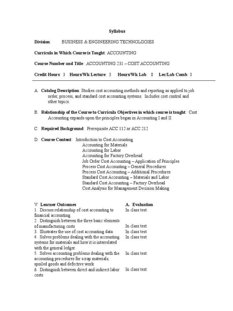 ACC 231 Syllabus Cost Accounting Accounting