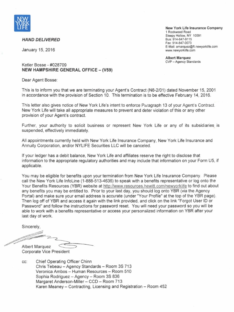 New York Life Termination Letter On Haitian Agent Ketler Bosse