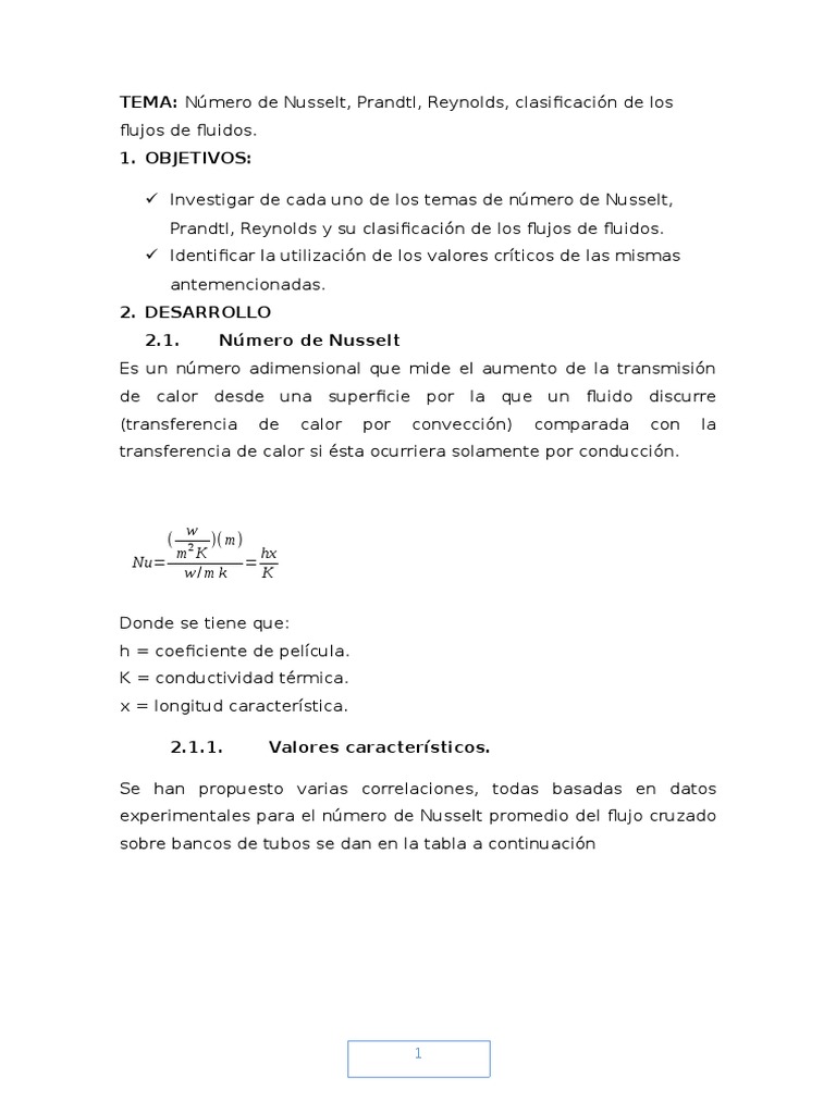 Números de Nusselt, Prandtl y Reynolds | PDF | Numero Reynolds | Flujo ...