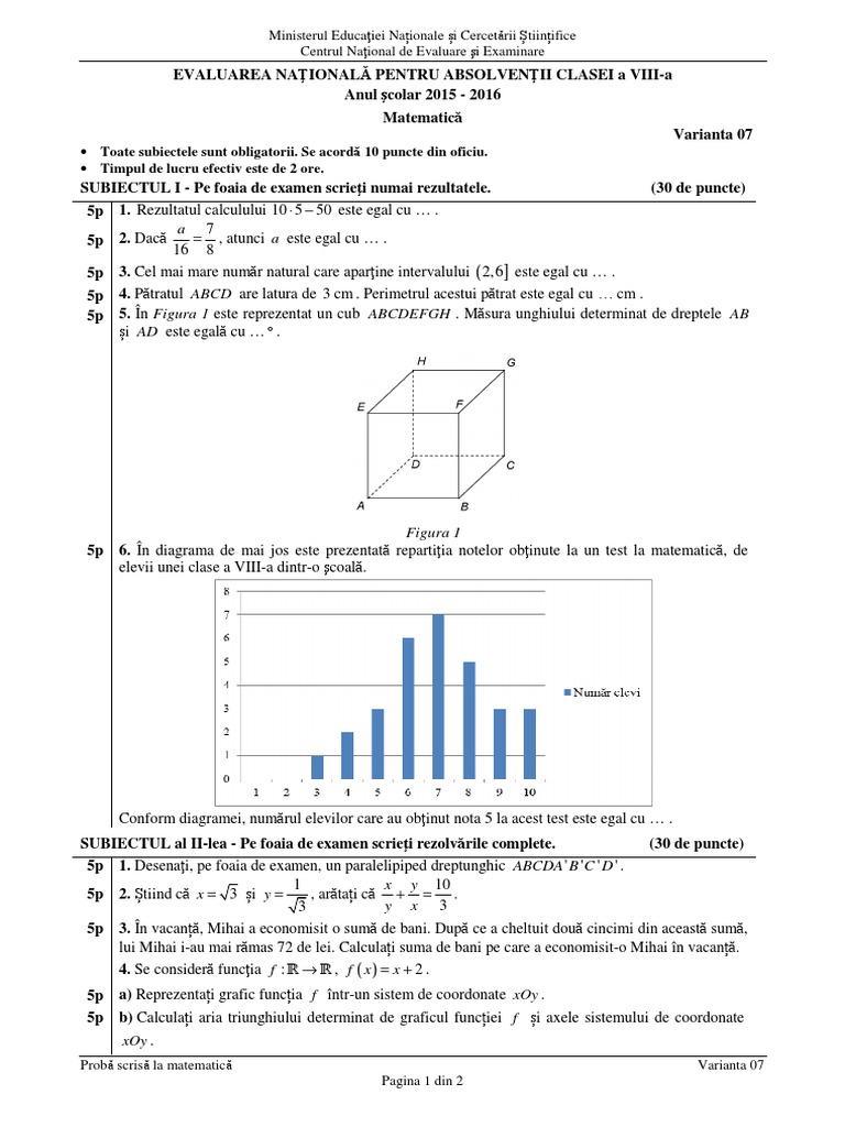 Evaluarea Nationala 2016 Matematica 2016 Var 07 Lro
