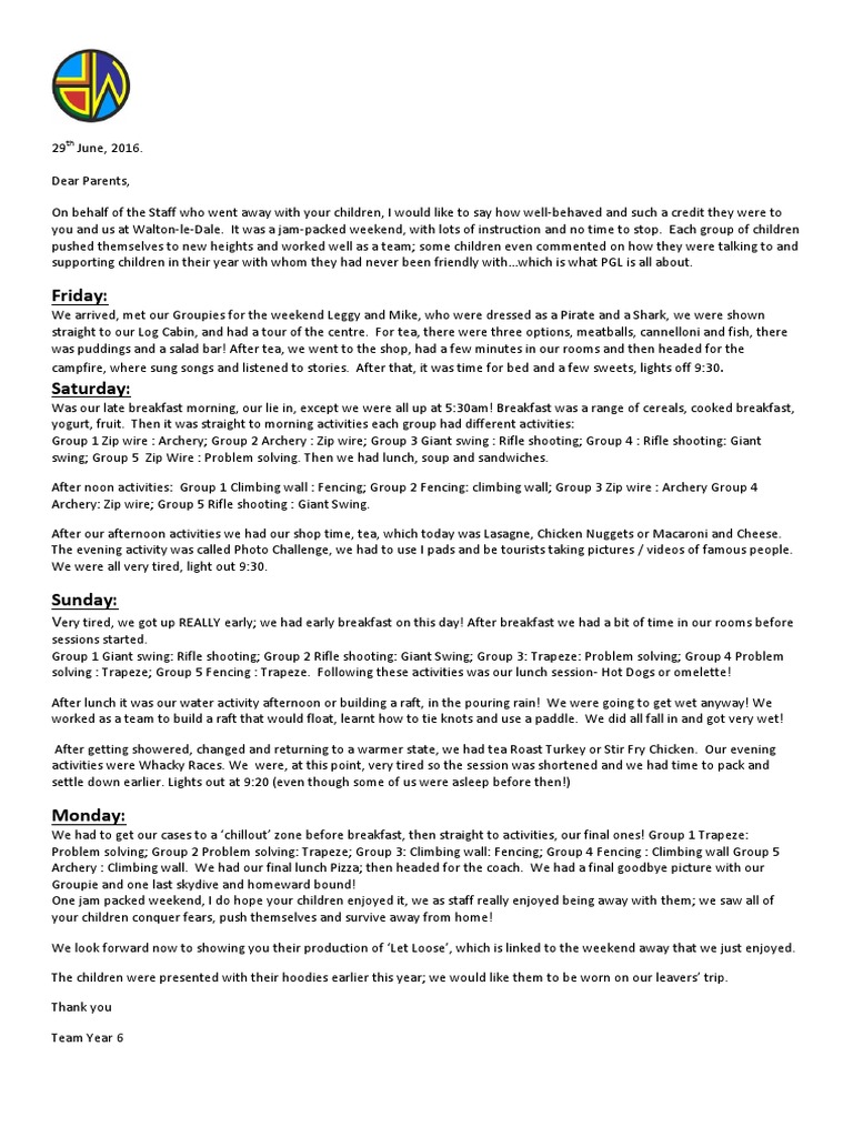 Year 6 PGL Weekend Recap | PDF | Cooking, Food & Wine