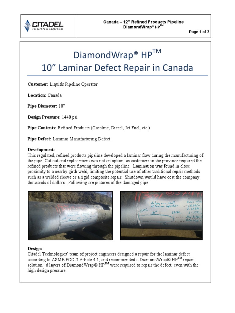 10in Laminar Defect Repair on Refined Products Pipeline Case Study