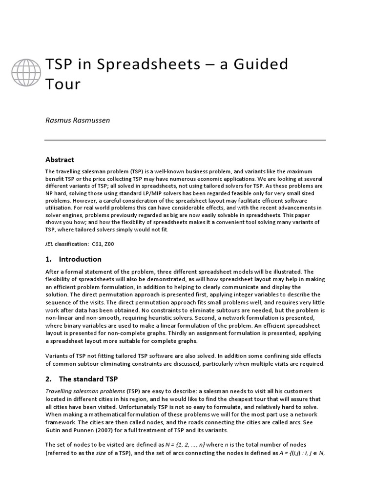 TSP in Excel PDF PDF Mathematical Optimization Spreadsheet