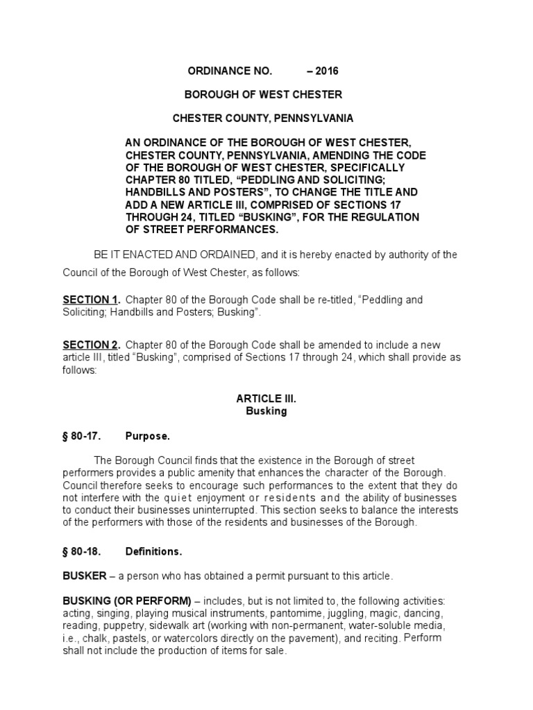 Proposed West Chester Busking Ordinance | PDF | Fine (Penalty) | Crime ...