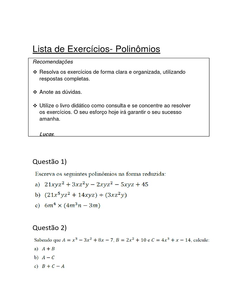 Lista de Exercícios sobre Polinômios 8º Ano | PDF