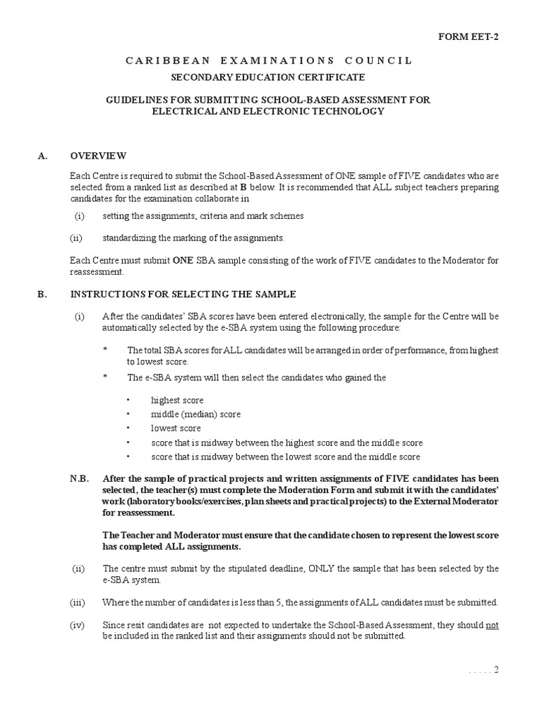 CSEC Electrical & ElectronicTechnology SBA Form Guidelines