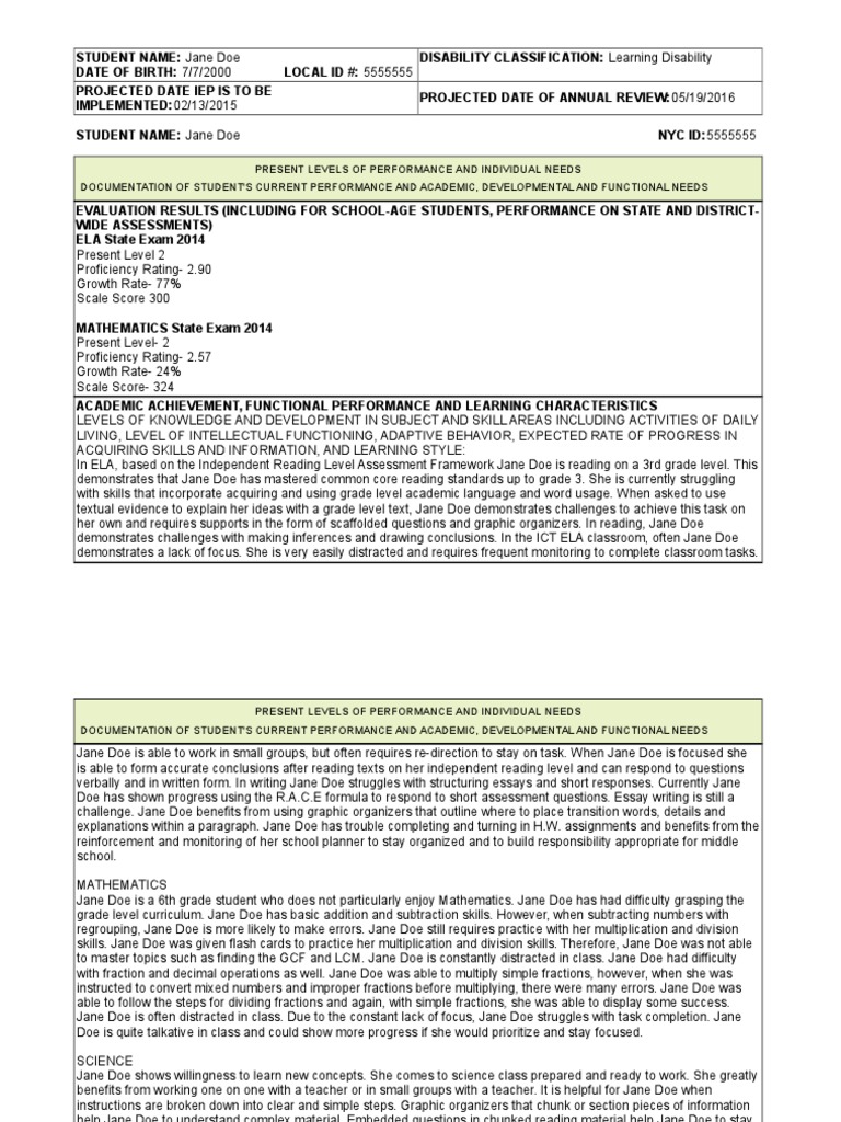 Jane Doe Sample IEP Individualized Education Program Special Education