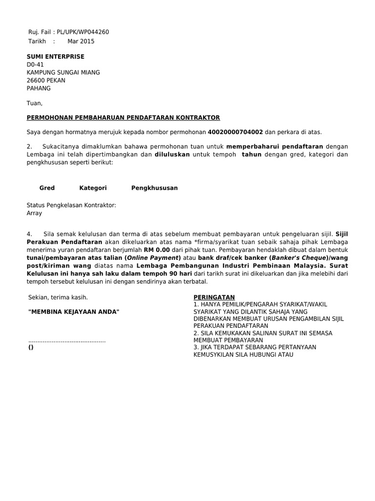 Surat Lulus Pendaftaran Kontraktor Tempatan R4 Pdf