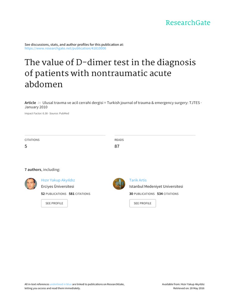The Value of d Dimer Test in the Diagnosis of Patients With