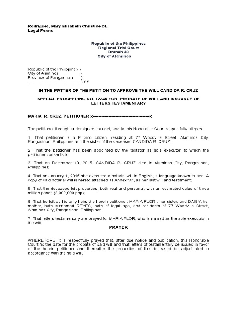 Petition for Probate of Will Will And Testament Probate