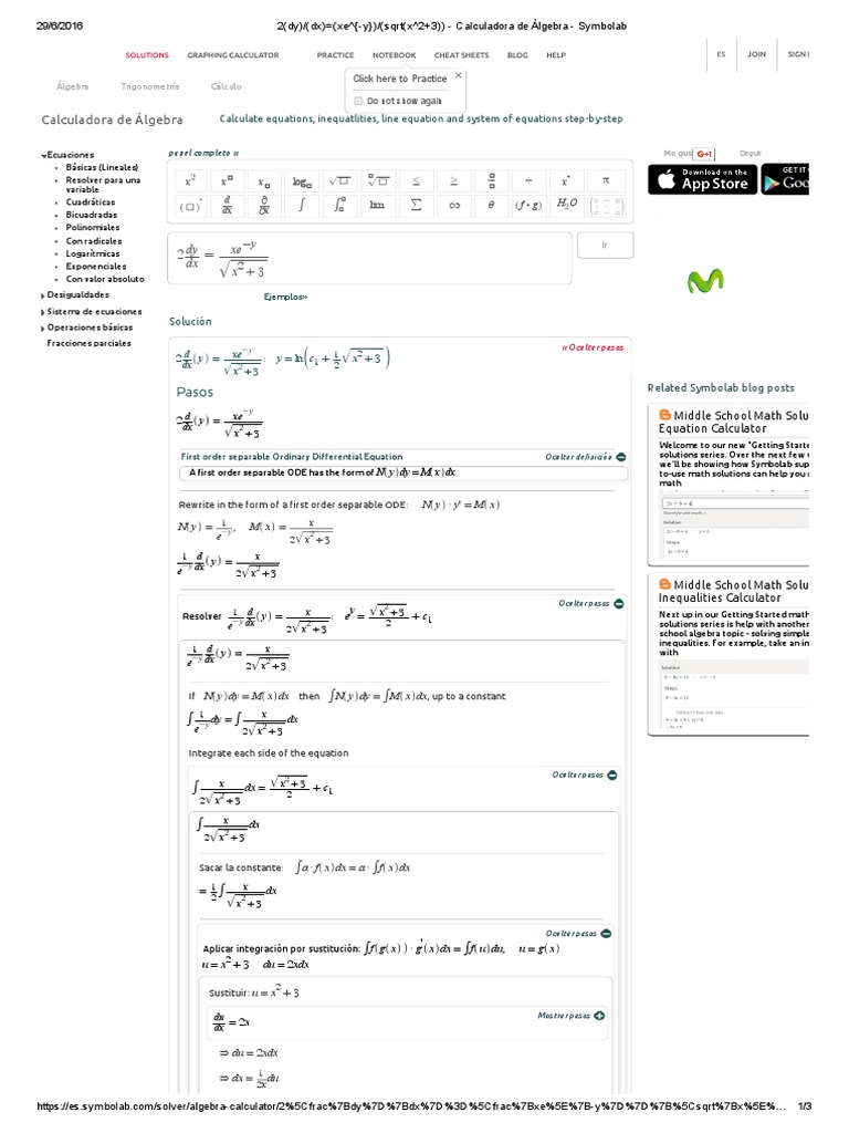 2(dy)_(dx)=(xe^{y})_(sqrt(x^2+3)) Calculadora de Álgebra Symbolab