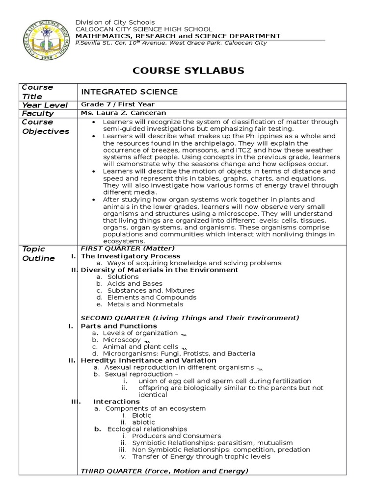 Integrated Science Syllabus For Shs