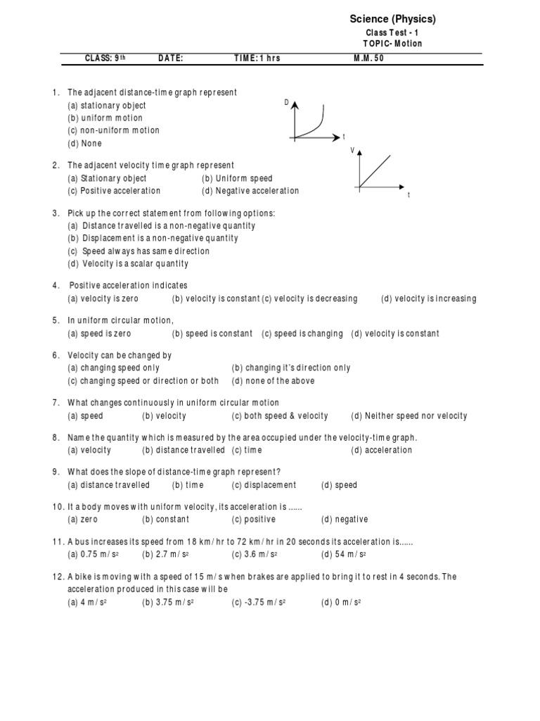 Physics Class 9 CBSE Test | PDF | Velocity | Acceleration