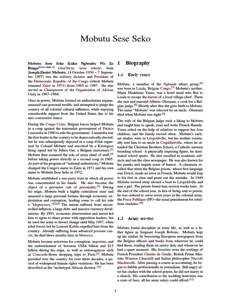 Mobutu Sese Seko PDF Democratic Republic Of The Congo Unrest