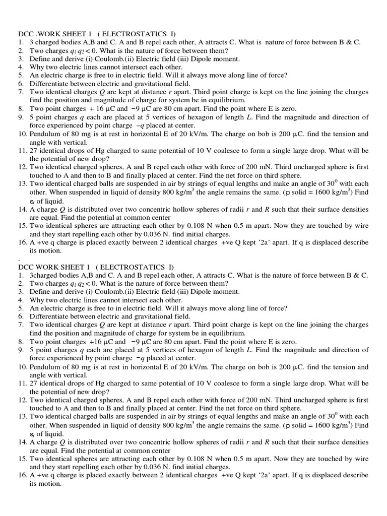 Electrostatics Assignment Worksheet | PDF | Capacitor | Electric Charge