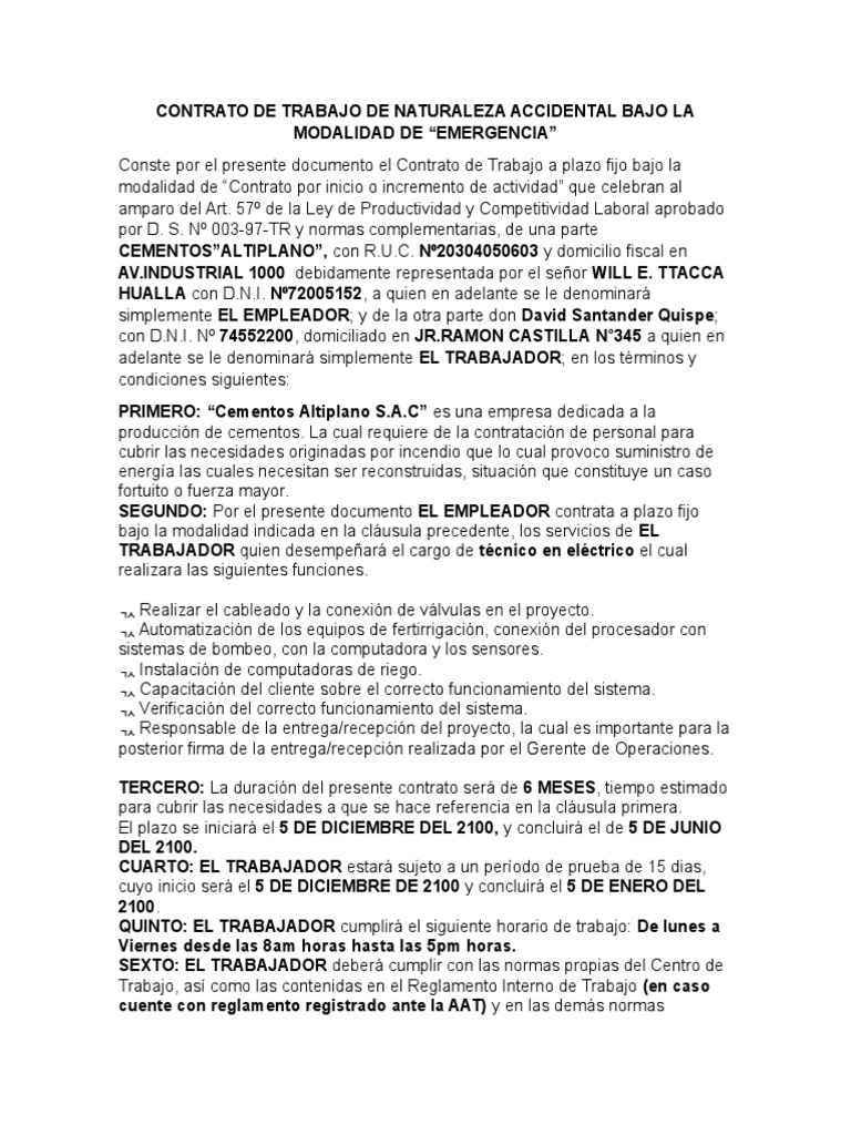 Contrato de Trabajo Accidental por Emergencia | PDF | Derecho laboral ...