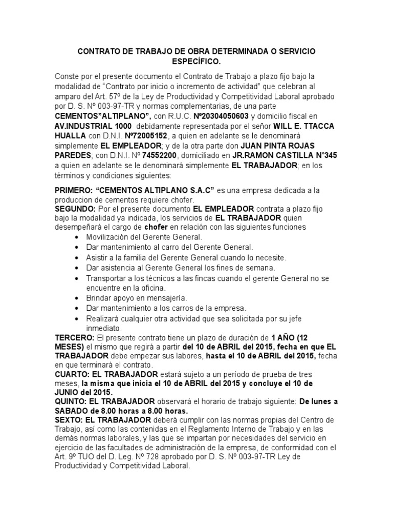 Contrato De Trabajo De Obra Determinada O Servicio Específico Derecho