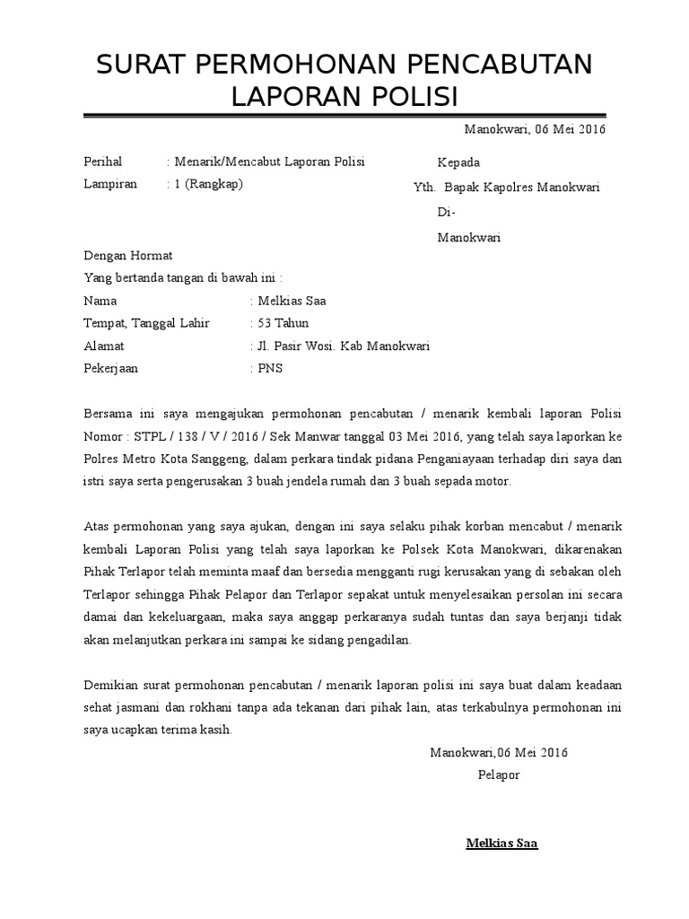 Surat Permohonan Pencabutan Laporan Polisi