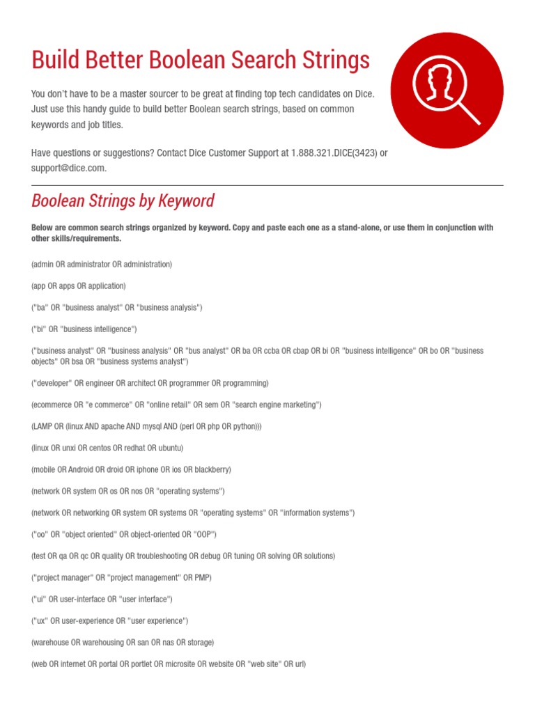 Dice BooleanStringCheatSheet PDF | PDF | World Wide Web | Internet & Web
