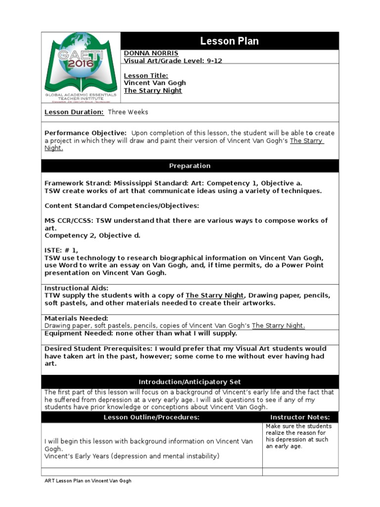 Lesson Plans On Vincent Van Gogh Lesson Plan Vincent Van Gogh