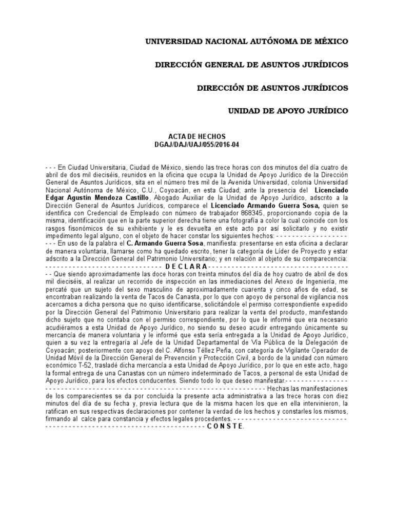 Acta de Hechos ejemplo. Gobierno Política