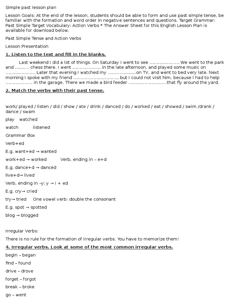 Simple Past Tense Lesson Plan | PDF | Grammatical Tense | English Language
