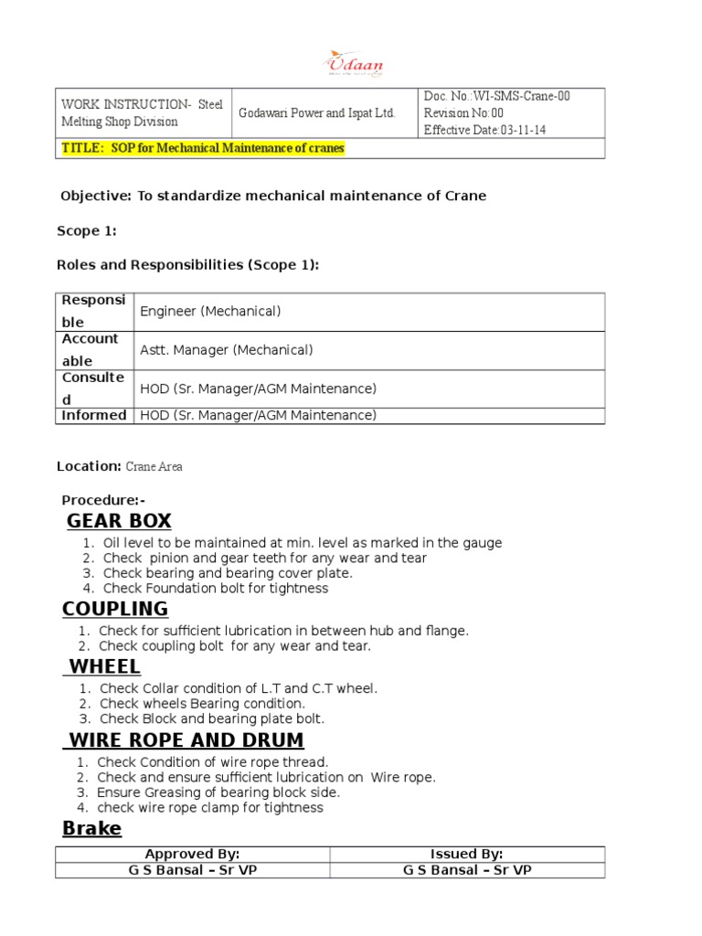 Crane Mechanical Maintenance SOP | PDF