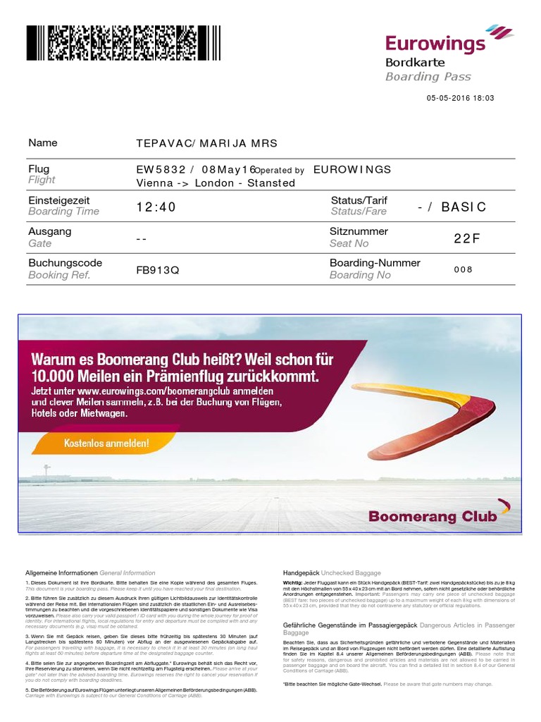 Eurowings Bordkarte FB913Q  PDF