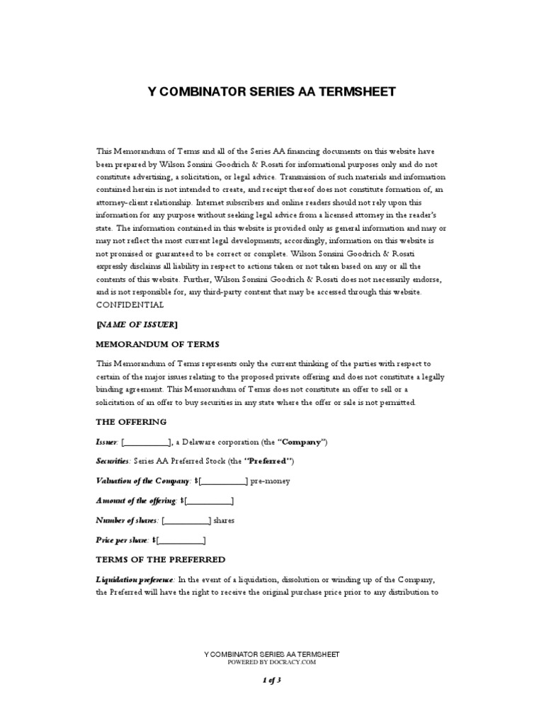 Y Combinator Series AA Term Sheet Outlining the Key Terms of a