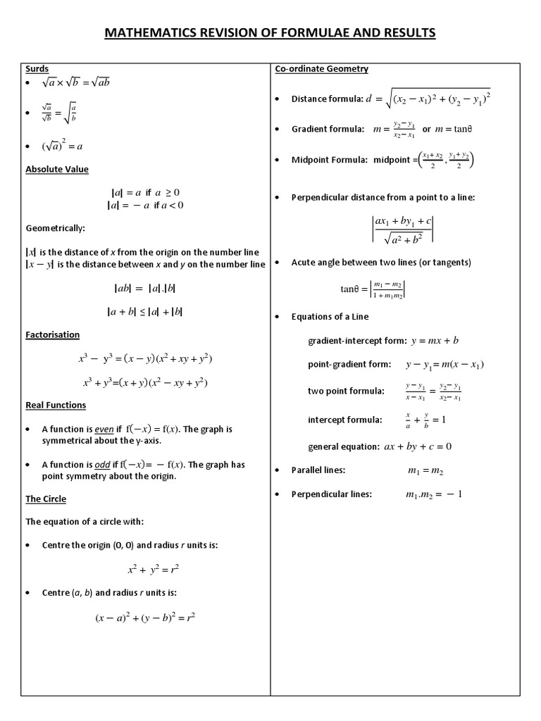 Mathematics Revision of Formulae and Results: Surds Co-Ordinate ...