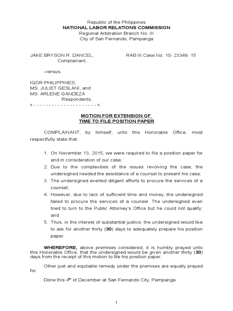 Motion for Extension of Position Paper | PDF