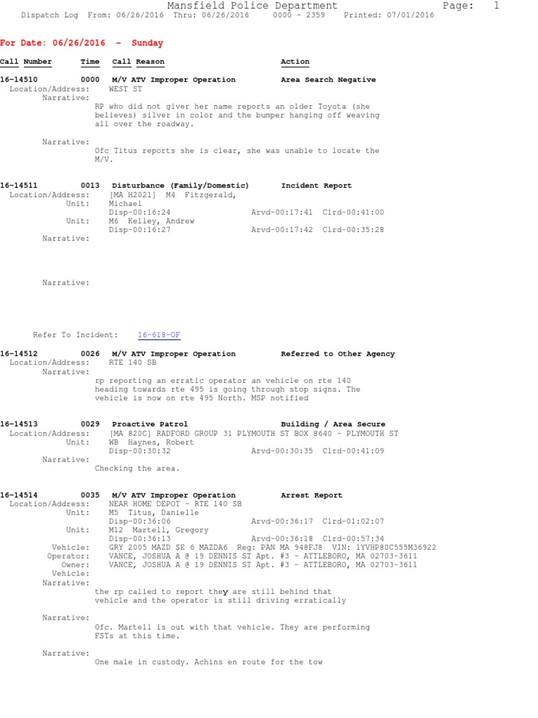Police Log June 26, 2016 | PDF | Legal Action | Violence