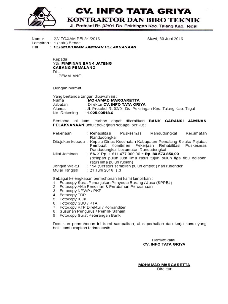 Surat Permohonan Jaminan Pelaksanaan Puskesmas Dongkal Pdf