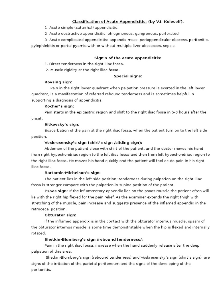 Acute Appendicitis Classification and Signs | PDF | Wellness | Science ...