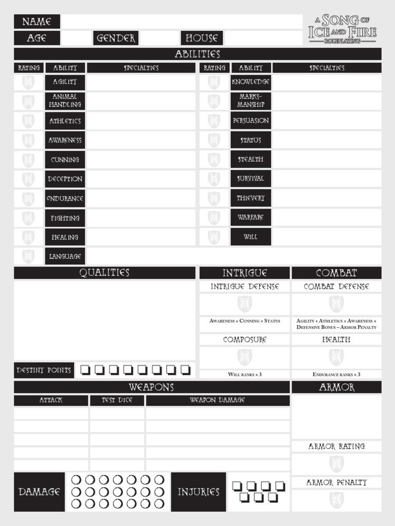 aSoIaF Character Sheet | Role Playing Games | Gaming
