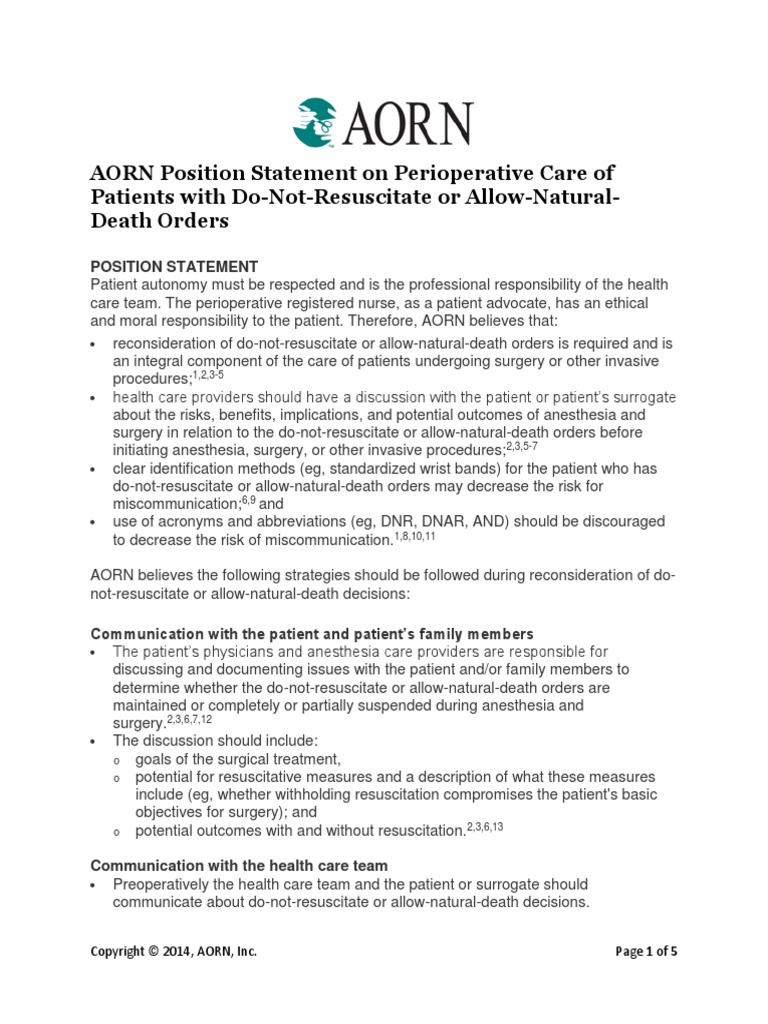 Aorn Position Statement on Perioperative Care of Patients With Donot