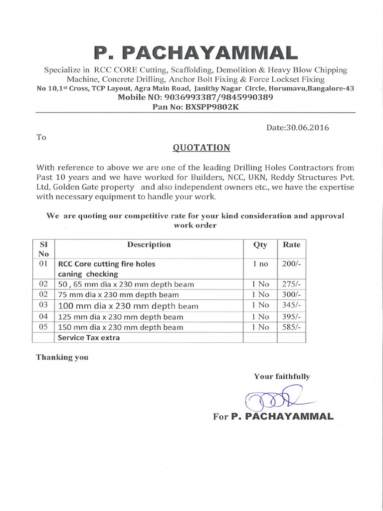 Quotation for Concrete Core Cutting Works