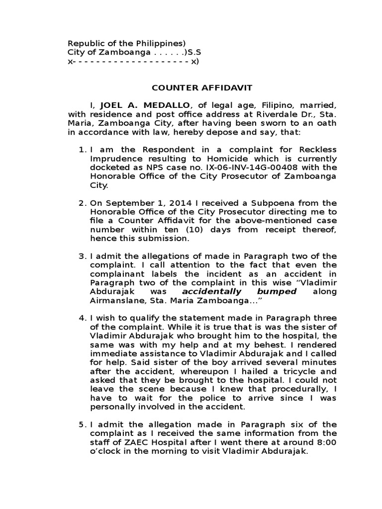 Counter Affidavit Reckless Imprudence Common Law Government