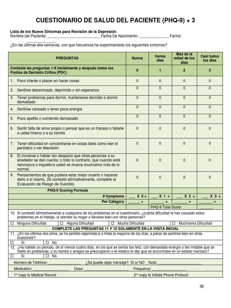 Phq 9 Screening and Diagnosis Spanish Trastorno depresivo mayor