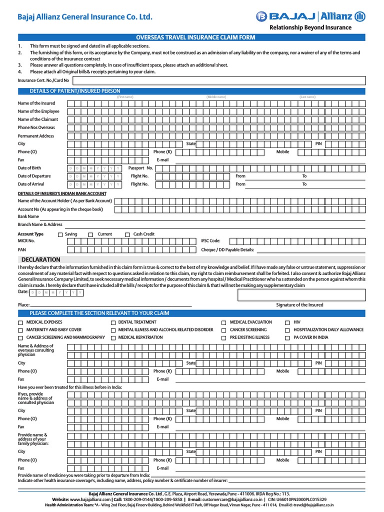 Overseas Travel Insurance Claim Form Cheque Insurance