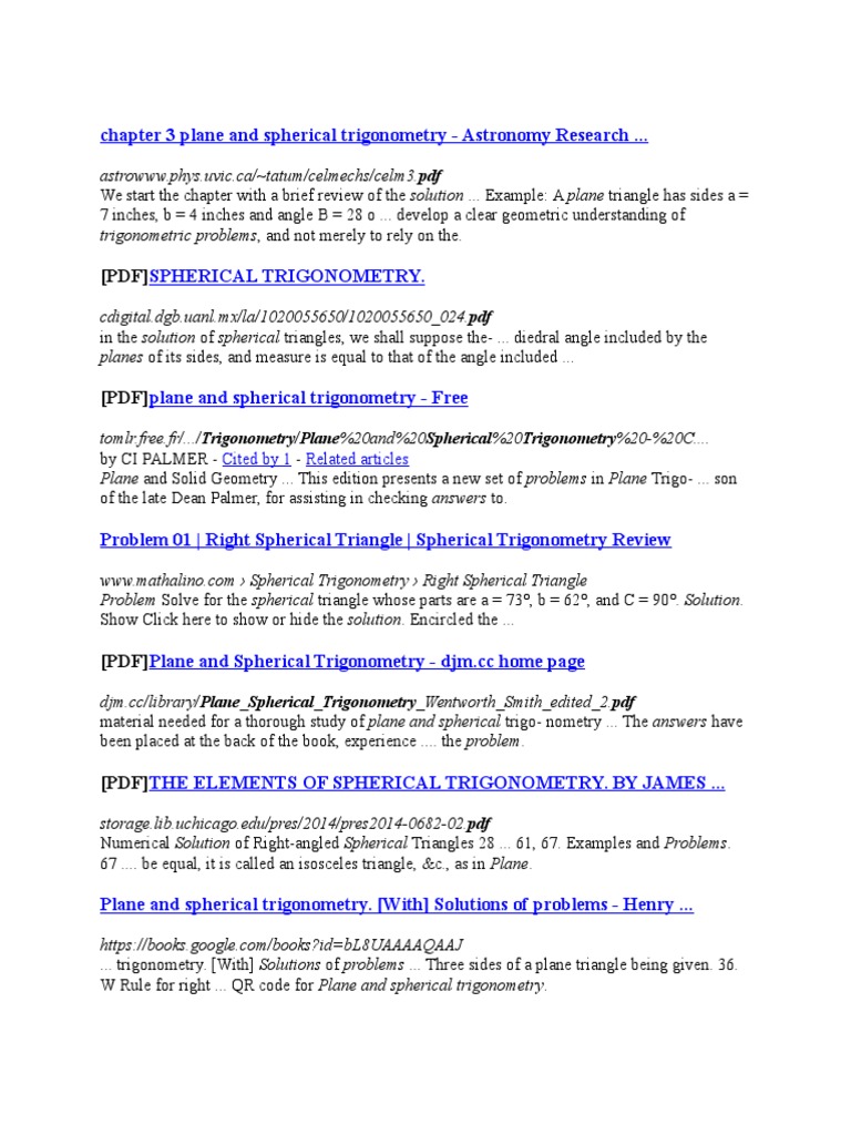 Plane and Spherical Trigonometry Solutions | PDF | Trigonometry | Triangle