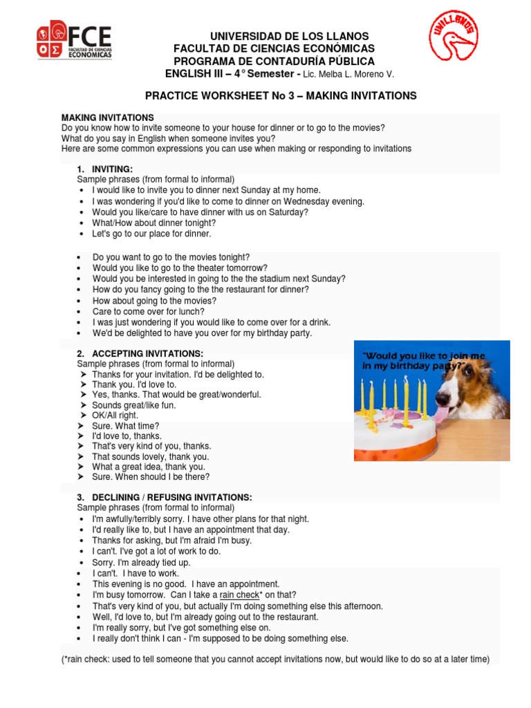 Practice Worksheet No 3 English III 2016 - Accepting - Refusing