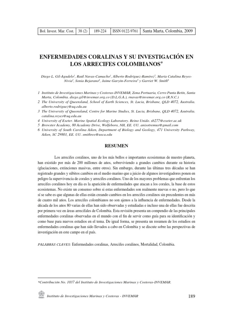 Enfermedades Arrecifes de Coral. Invemar PDF Arrecife de coral Cáncer