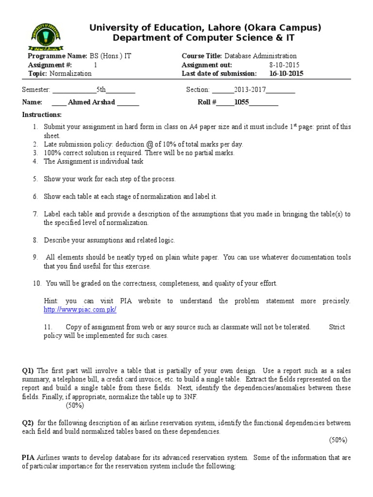 DBA Assignment on Normalization | PDF | Information Science | Data ...